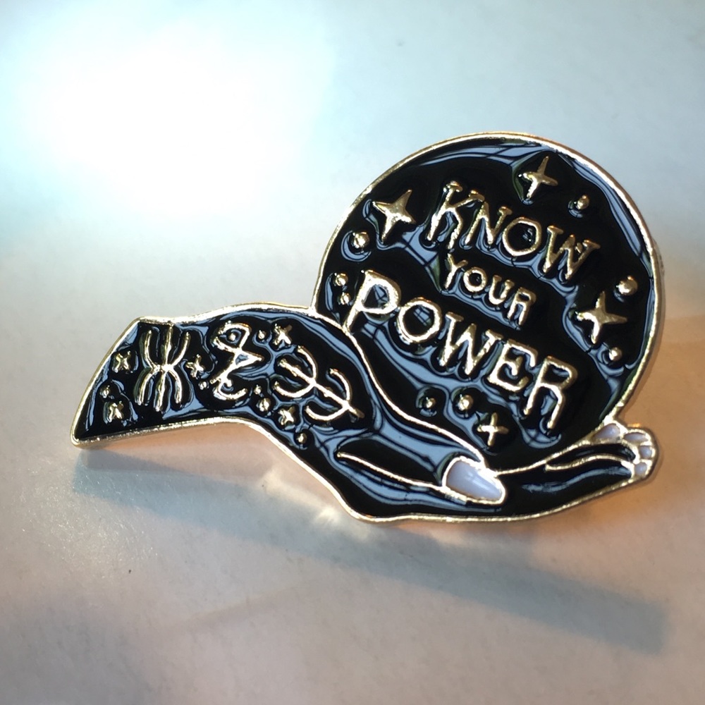 “Know Your Power” hand black metal enamel pin NWT